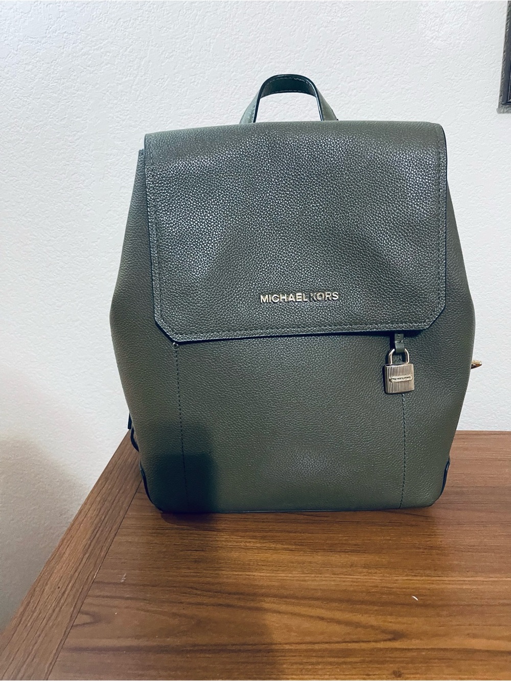 Michael Kors Men's Dark Olive Green Leather Backpack with Gold Hardware